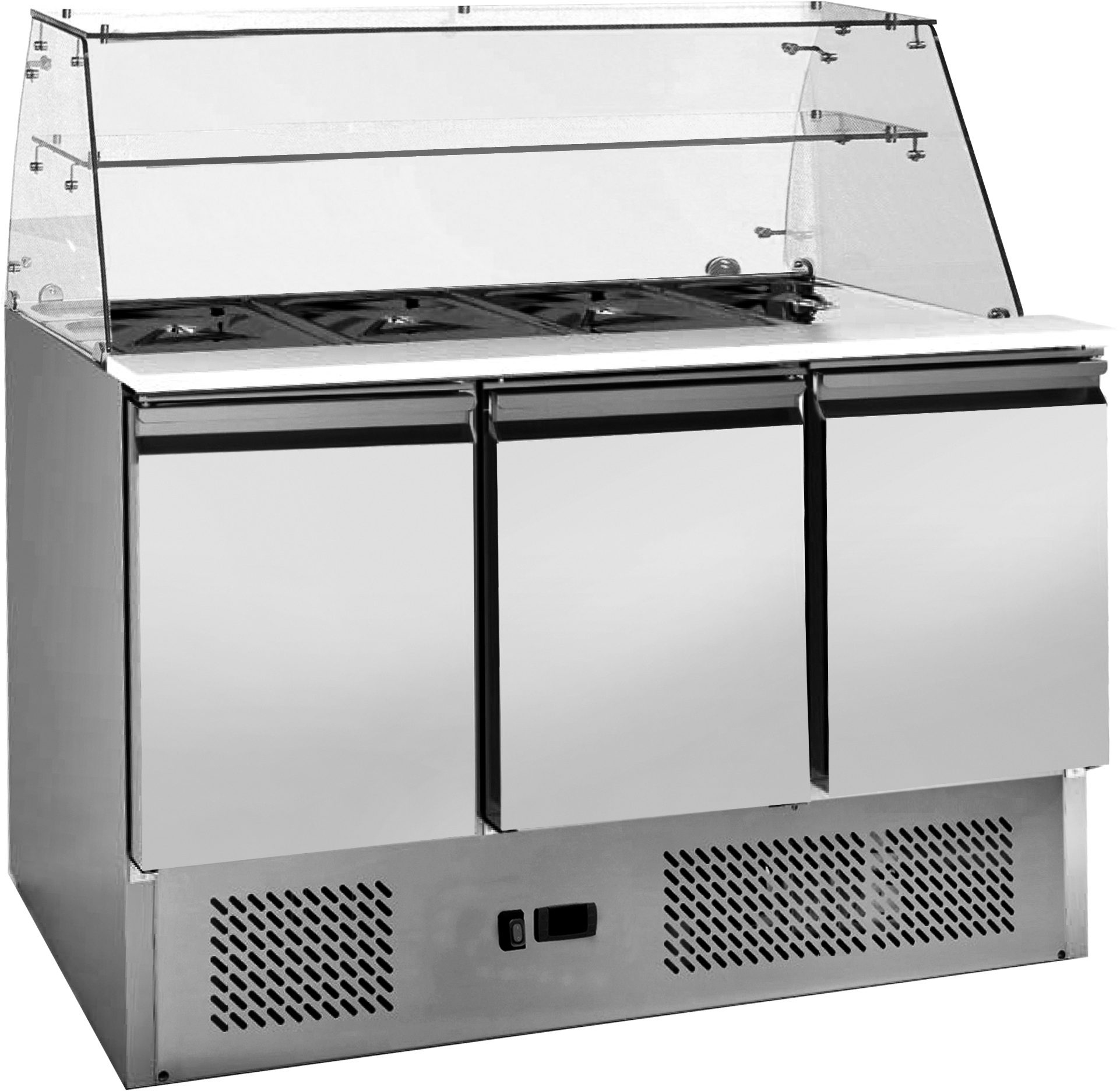 Commercial 3 Door Saladette Fridge 368L – Glass Sneeze Guard Top 1.36m (13A)